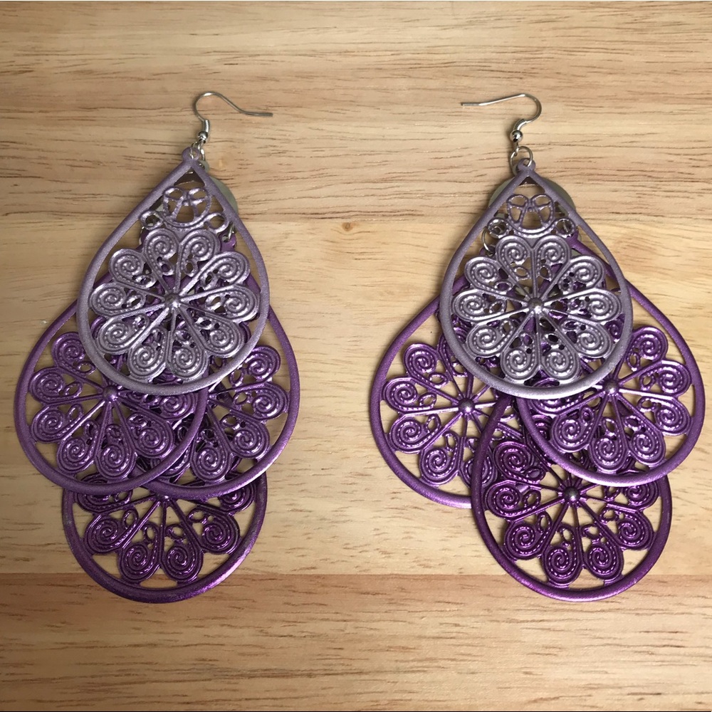 Large Purple Metal Filigree Intricate Earrings
